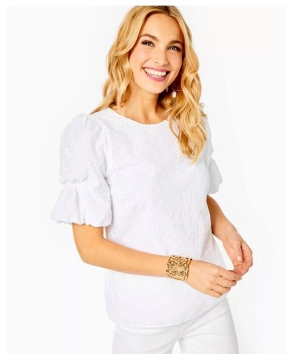 LILLY PULITZER Womens Lailah Eyelet Top XXS Resort White Ditsy Vine Eyelet NWT